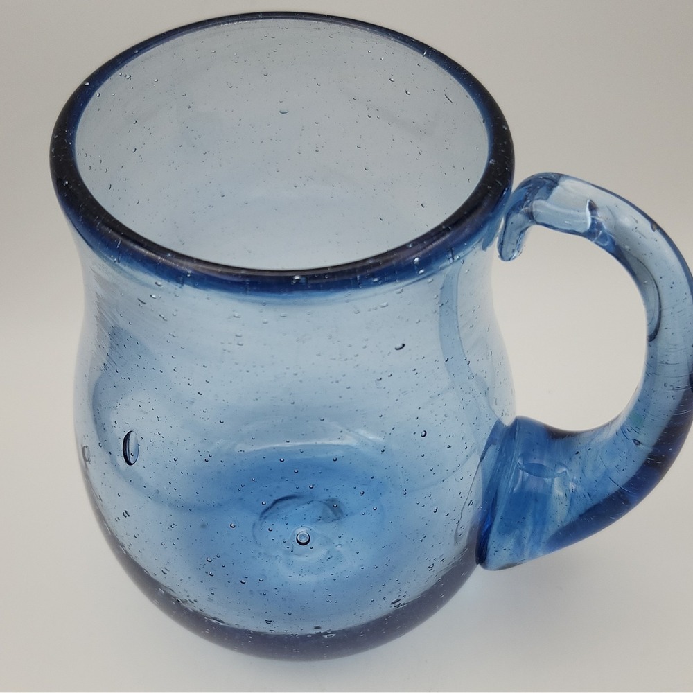 Hand Blown Blue Bubble Glass Mug  Seeded Glass Coffee Cup With Pontil Mark 5" - Picture 2 of 5